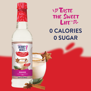 Jordan's Skinny Mixes Sugar Free Eggnog Syrup – sugar-free eggnog syrup bottle with a red cap, shown beside an eggnog drink