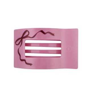 Large flat rectangle hair clip, pink with ribbon bow outline and open bar slots