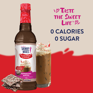 Jordan's Skinny Mixes sugar-free peppermint mocha syrup bottle with iced mocha drink in glass