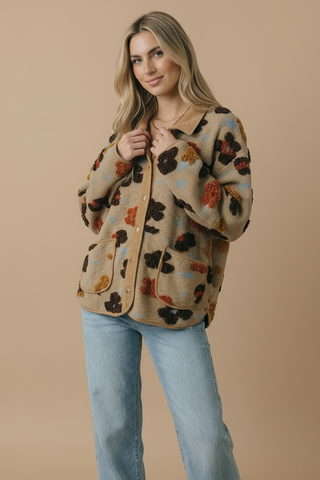 Corduroy Puff Flower Color Block Jacket