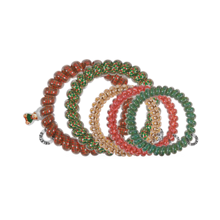 TELETIES set of hair ties in red, green, gold, and plaid patterns with small charms