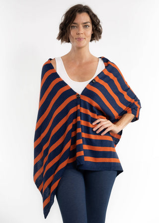 Elietian Line Up Striped Poncho – navy and orange striped poncho with button-front V-neck and wide sleeves