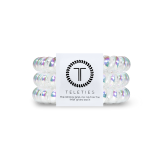 Large iridescent spiral hair tie with TELETIES label
