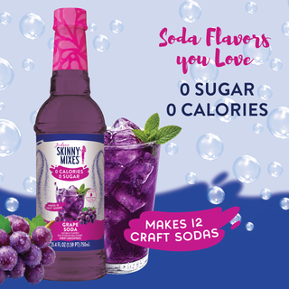Jordan's Skinny Mixes grape soda syrup bottle with paired purple drink glass and purple grape garnish