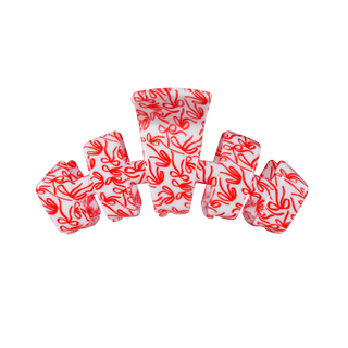White base with red line-art pattern claw hair clips, five-piece set