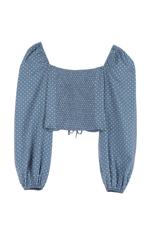 Ruched polka dot crop top with puff sleeves - JustBelieve.Boutique