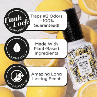 Toilet spray bottle with black sprayer and citrus fragrance label