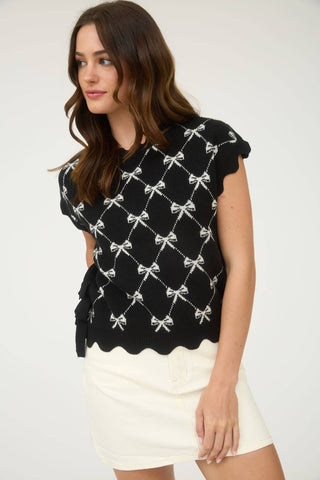BOW PATTERN SHORT SLEEVE SIDE TIE KNIT PULLOVER