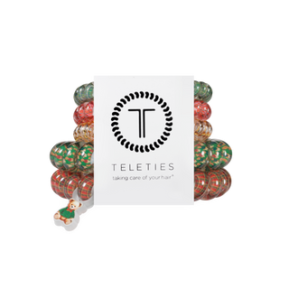 Teleties Christmas hair tie mix pack with patterned elastics and small charm on card