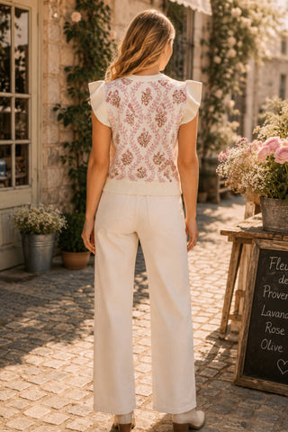 Main Strip - Floral Jacquard Ruffle Sleeve Knit Top