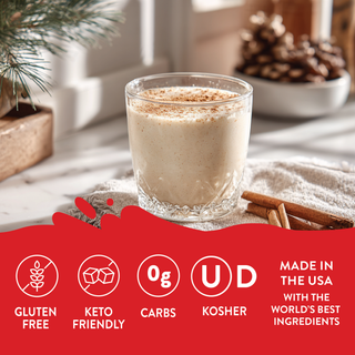 Jordan's Skinny Mixes Sugar Free Eggnog Syrup – eggnog drink topped with spices in a short glass; graphic lists gluten-free, keto-friendly, zero-carb and kosher claims