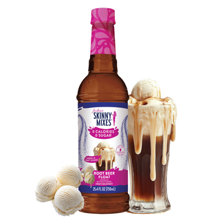 Jordan's Skinny Mixes Sugar Free Root Beer Float Soda Syrup – sugar-free root beer float syrup bottle with a glass of root beer topped with ice cream