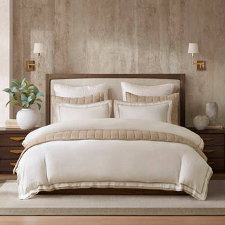 Olliix - Refined Embroidered Linen Blend Duvet Cover Set, White/Gold