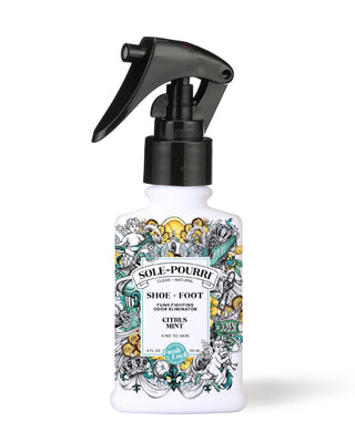 Sole-Pourri Citrus Mint shoe & foot odor spray bottle with black trigger sprayer.