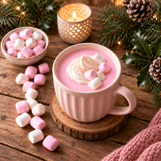 Jordan's Skinny Mixes pink peppermint marshmallow drink in mug with whipped topping and mini marshmallows