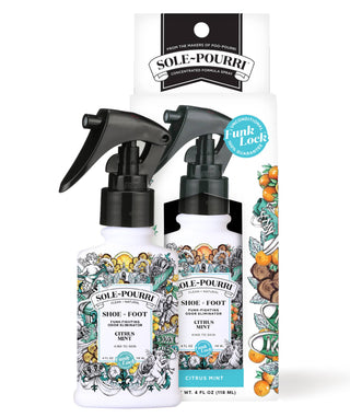 Sole-Pourri Citrus Mint shoe & foot odor spray bottle with black trigger sprayer and label.