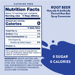 Jordan's Skinny Mixes Sugar Free Root Beer Float Soda Syrup – root beer syrup concentrate nutrition and ingredient label showing zero sugar and calories