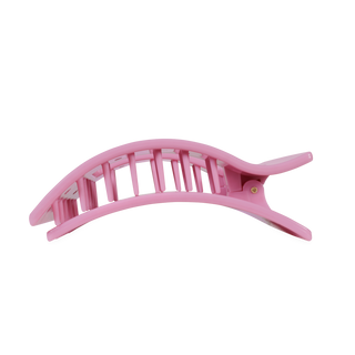 Large flat rectangle hair clip, pink, side view showing prongs and bow motif