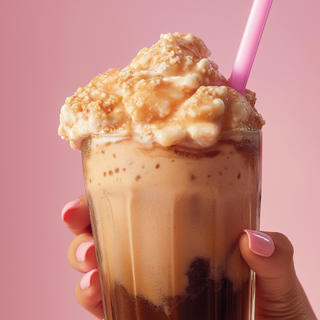 Jordan's Skinny Mixes Sugar Free Root Beer Float Soda Syrup – root beer float in a glass, with creamy foam and a pink straw