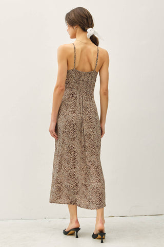 LEOPARD PRINT MIDI, MOCK-WRAP DRESS