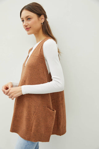 OVERSIZE V-NECK LONG SOFT SWEATER VEST W. POCKETS