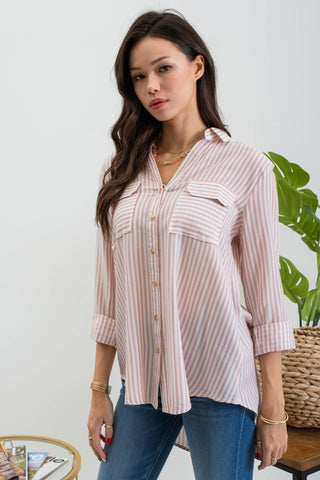 PLUS STRIPE COLLARED BUTTON DOWN LIGHTWEIGHT SHIRT: BLUE