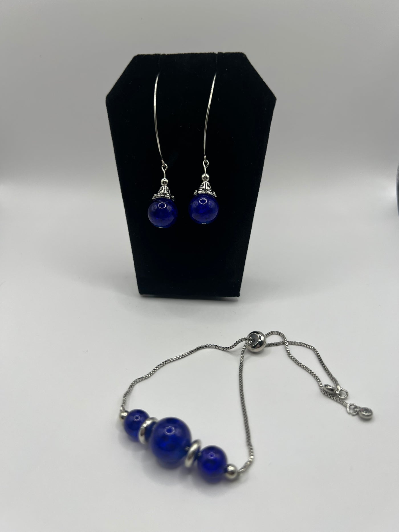 Earring and Bracelet Set - Royal Blue Glass Beads Adjustable Bracelet