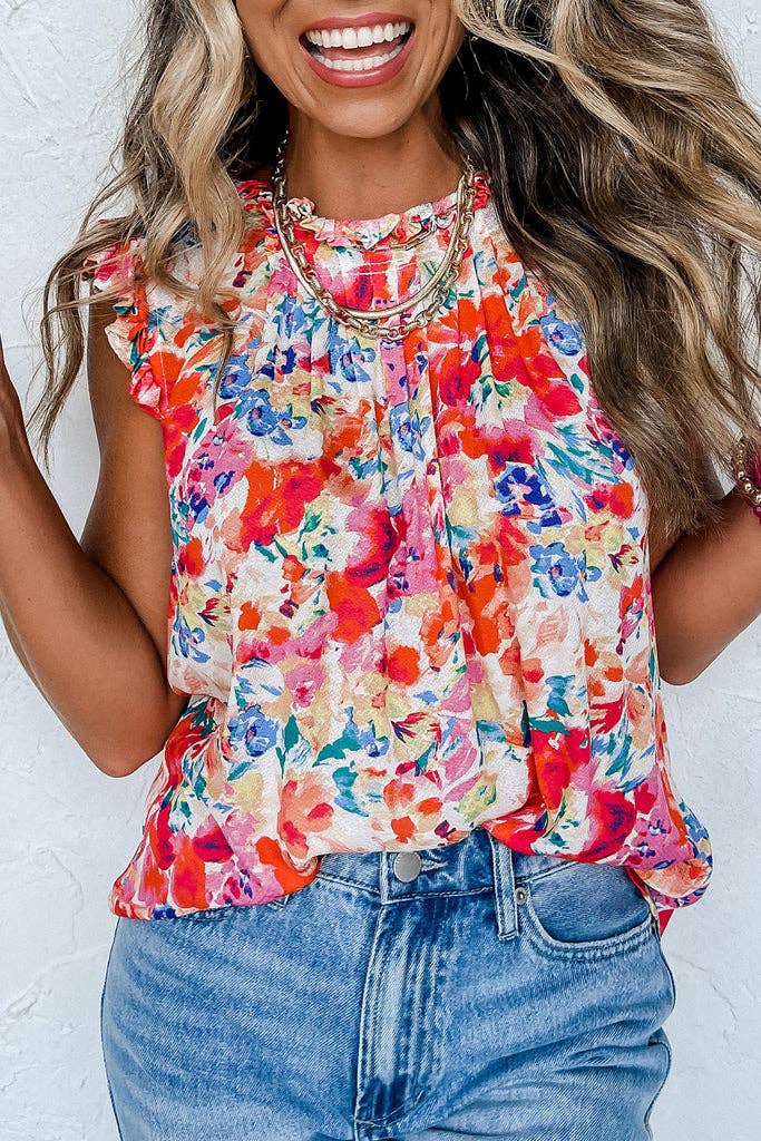 Boho Floral Pleated Tank Top
