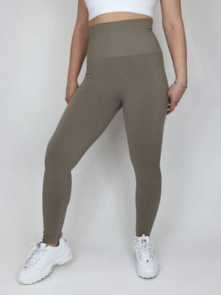 Elietian Ribbed High Waist Leggings in Vintage Khaki, front view