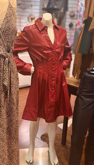 Red pleather waist dress with snap front and collar