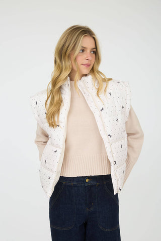 Polka Dot Puffer Vest with Bow Pattern