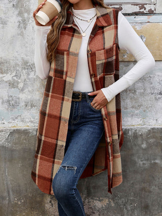 Perfee Pocketed Button Up Plaid Vest