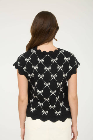 BOW PATTERN SHORT SLEEVE SIDE TIE KNIT PULLOVER