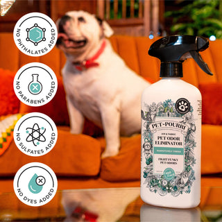 Pet odor eliminator spray bottle with black trigger sprayer; no dyes, no sulfates icons