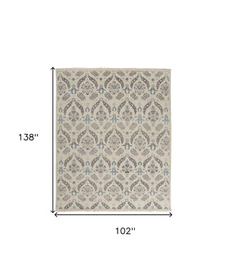 HomeRoots - 9' X 12' Ivory Gray And Blue Wool Floral Hand Knotted Rug