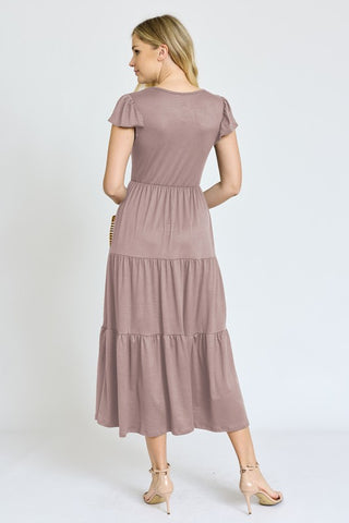 Plus Size Solid Flutter Sleeve Tiered Tea Length Dress