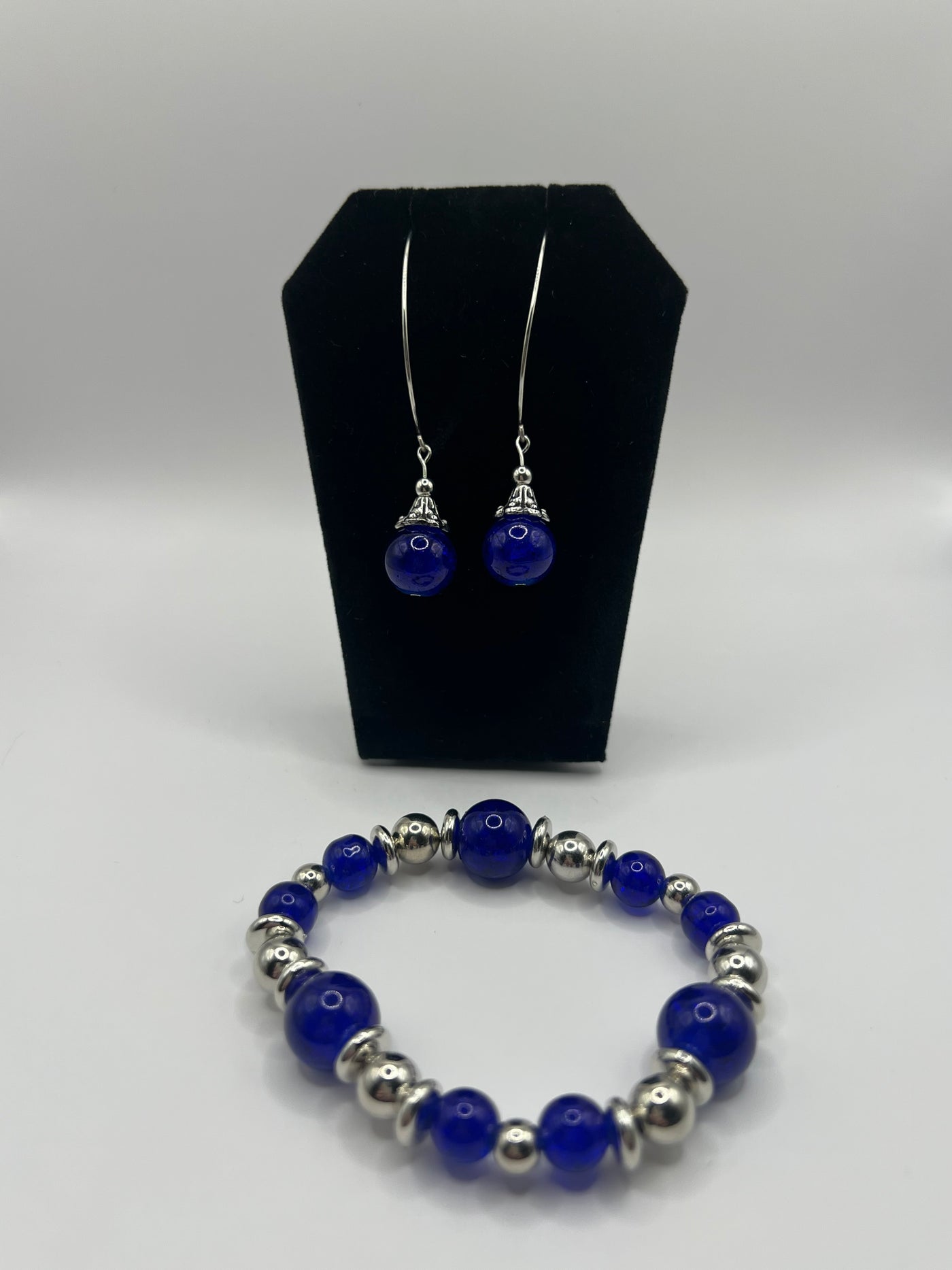 Earring and Bracelet Set - Royal Blue Glass Beads Stretch Bracelet
