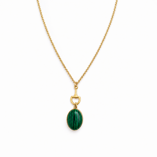 Gold chain necklace with oval green malachite bit pendant