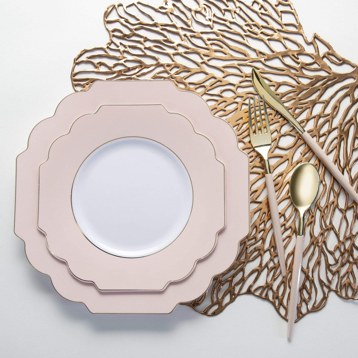 Scalloped Blush • Gold Plastic Plates | 10 Pack: 8" Appetizer Plates / 10 Plastic Plates