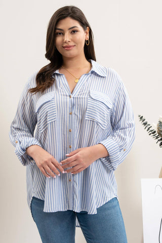 PLUS STRIPE COLLARED BUTTON DOWN LIGHTWEIGHT SHIRT: BLUE