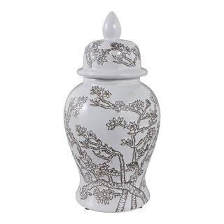 Sagebrook Home - Decorative Jar - White/Brown Ceramic Cherry Blossom, 15 in.