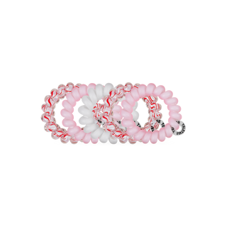 TELETIES set of tiny spiral hair ties in pale pink with red-striped accents