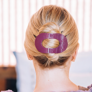 Teleties large flat round hair clip in Mulberry berry purple, shown in hair