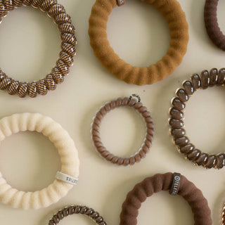 Teleties small spiral hair ties in Morning Brew coffee brown, shown as a set