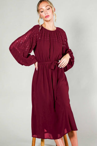 Sequin Embroidered Wine Dress