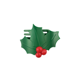 TELETIES green glitter holly leaf flat hair clip with red berry accents