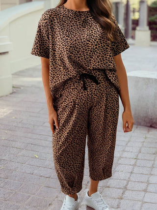 Leopard Loose Tee Drawstring Waist Barrel Pants Set