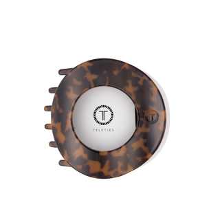 Teleties large flat circle hair clip in tortoise, packaging and logo detail