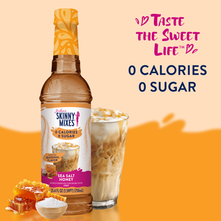 Jordan's Skinny Mixes sea salt honey syrup bottle with iced coffee glass topped with whipped cream