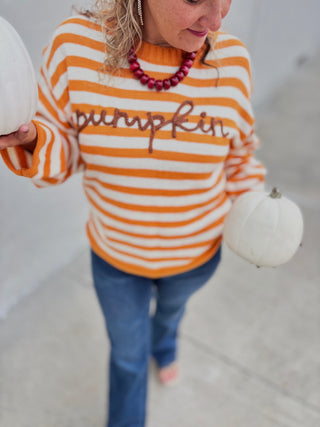Main Strip - Pumpkin Script Striped Knit Sweater